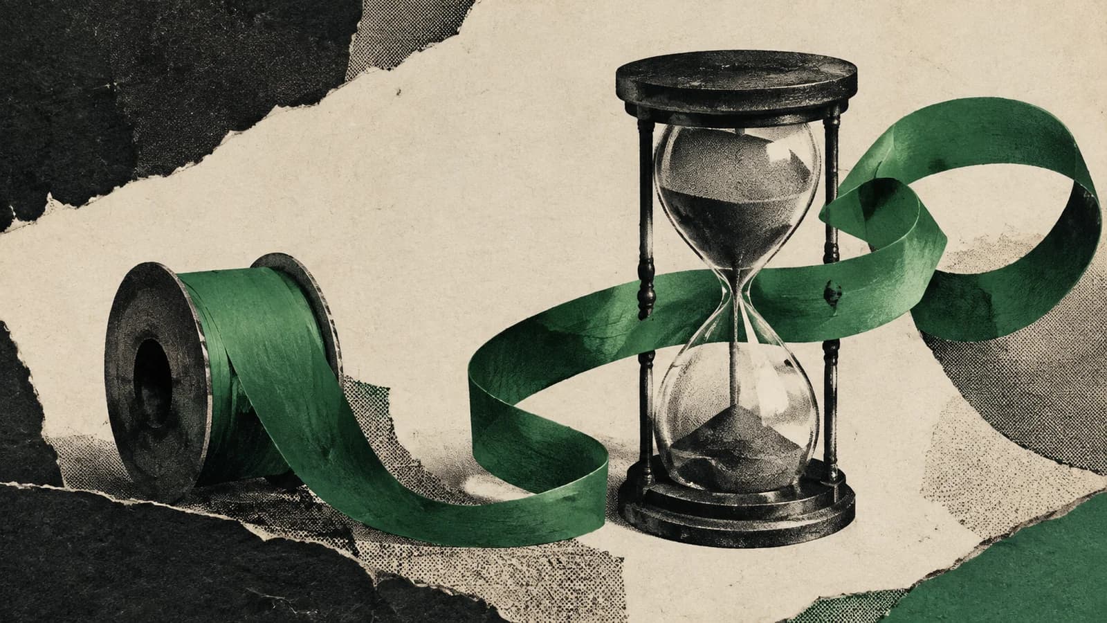 Emerald spool and hourglass represent usage and review time.