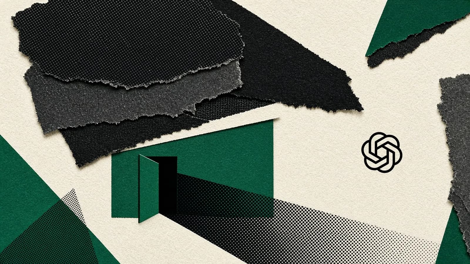 Collage de papel esmeralda y negro: varias capas de papel oscuro rasgado presionan desde arriba sobre un pequeño escaparate esmeralda con la puerta abierta, del que sale una larga franja de trama de puntos en diagonal. El logotipo negro de OpenAI ocupa el espacio crema de la derecha.