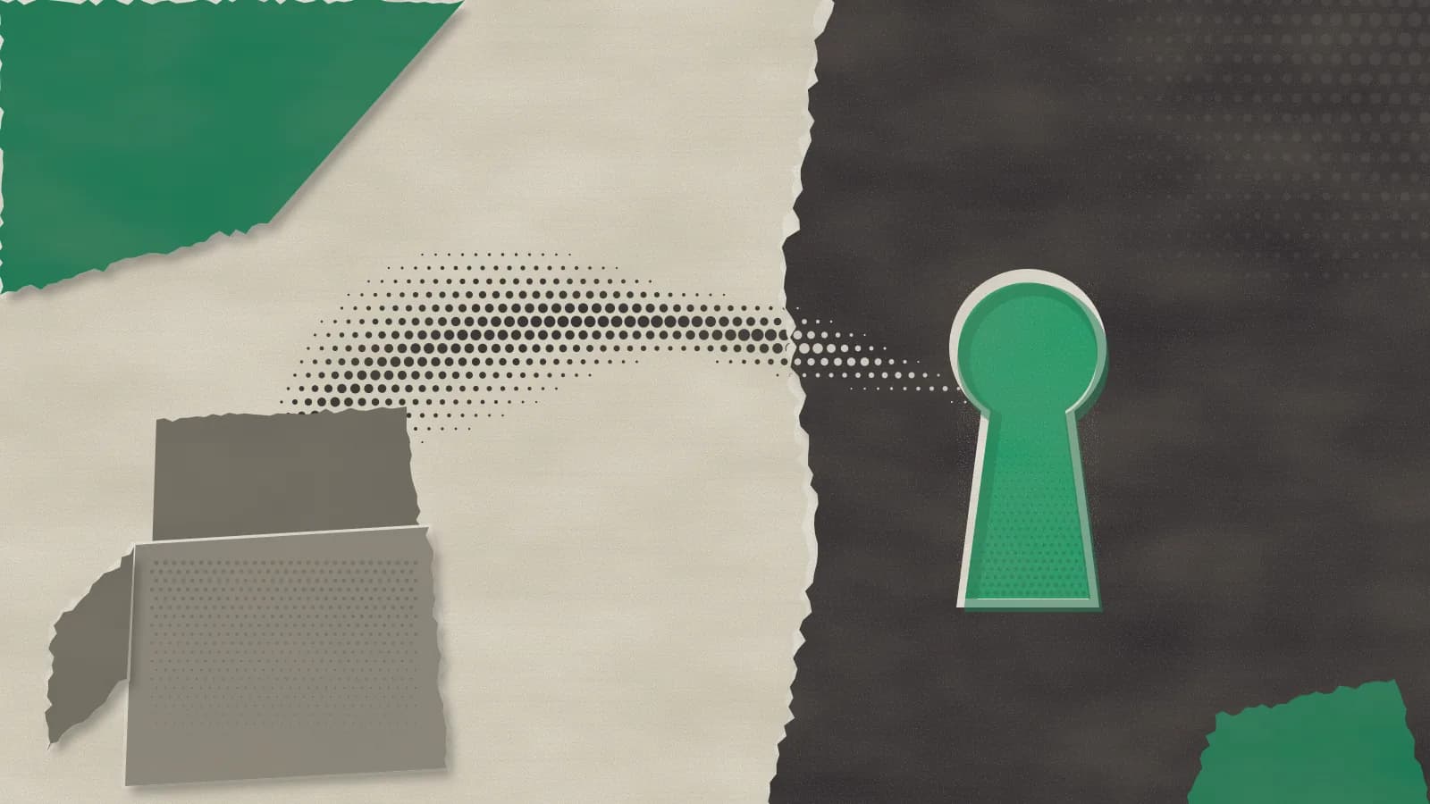 Cream, charcoal and emerald paper collage: a stream of halftone dots rises from an open cardboard box on the left, crosses a torn dark paper wall and ends in an emerald keyhole.