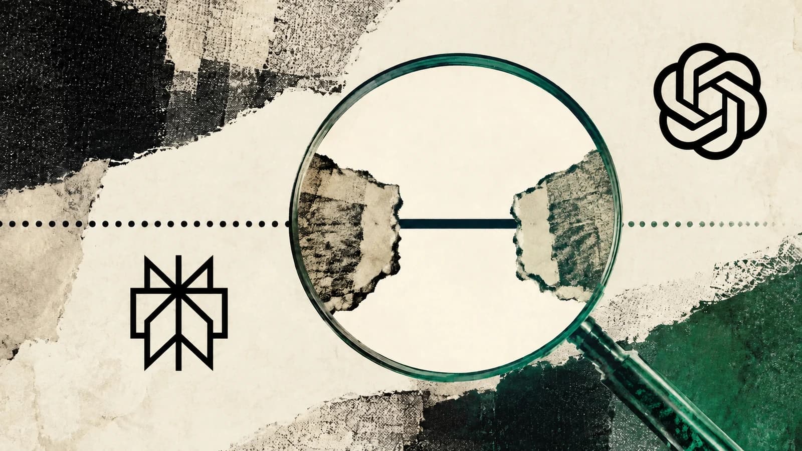A magnifying glass connects paper fragments beside Perplexity and OpenAI logos for a research comparison with ChatGPT.