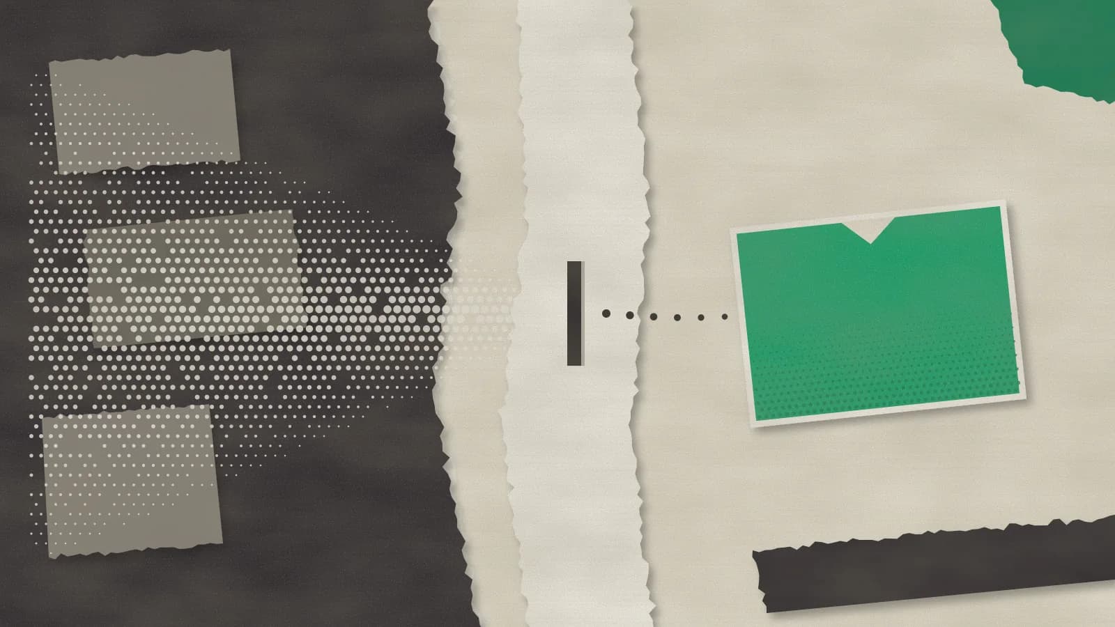 Collage de papel carbón, crema y esmeralda: una nube densa de puntos en trama sobre una hoja oscura con recortes grises atraviesa una rendija estrecha en una tira de papel crema; al otro lado solo siguen unos pocos puntos, que llegan a una tarjeta esmeralda recortada.
