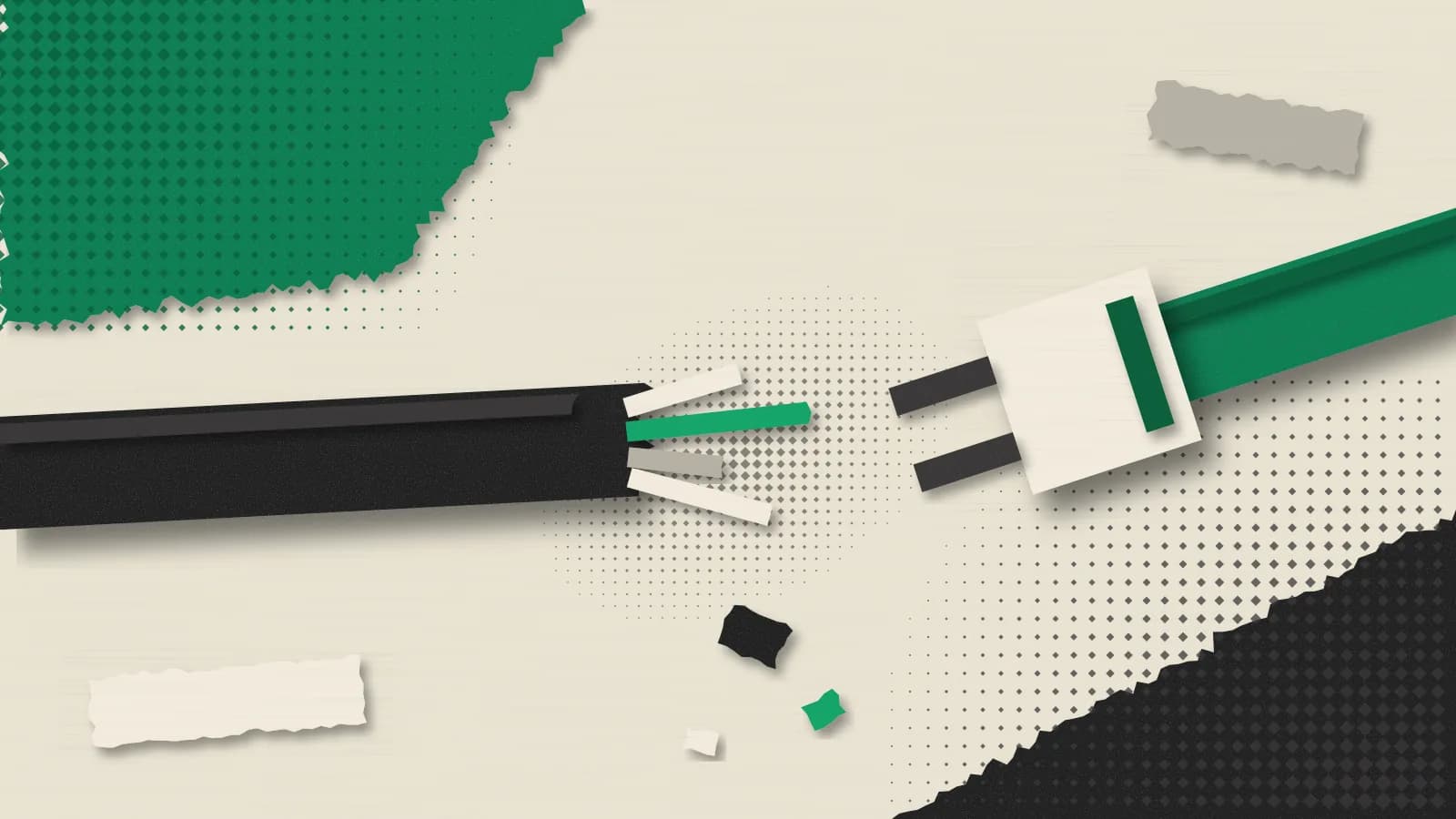 Collage de papel crema, carbón y esmeralda: a la izquierda, un cable grueso de papel carbón cortado de un tajo, con los hilos de colores sueltos asomando por el corte; desde la derecha llega en diagonal un cable esmeralda nuevo con un enchufe rectangular de dos patillas que todavía no encaja. Recortes que caen bajo el hueco y trama de rombos al fondo.