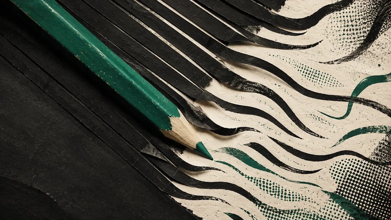 Collage editorial: un lápiz verde transforma tiras rígidas de papel negro en trazos curvos sobre papel crema.