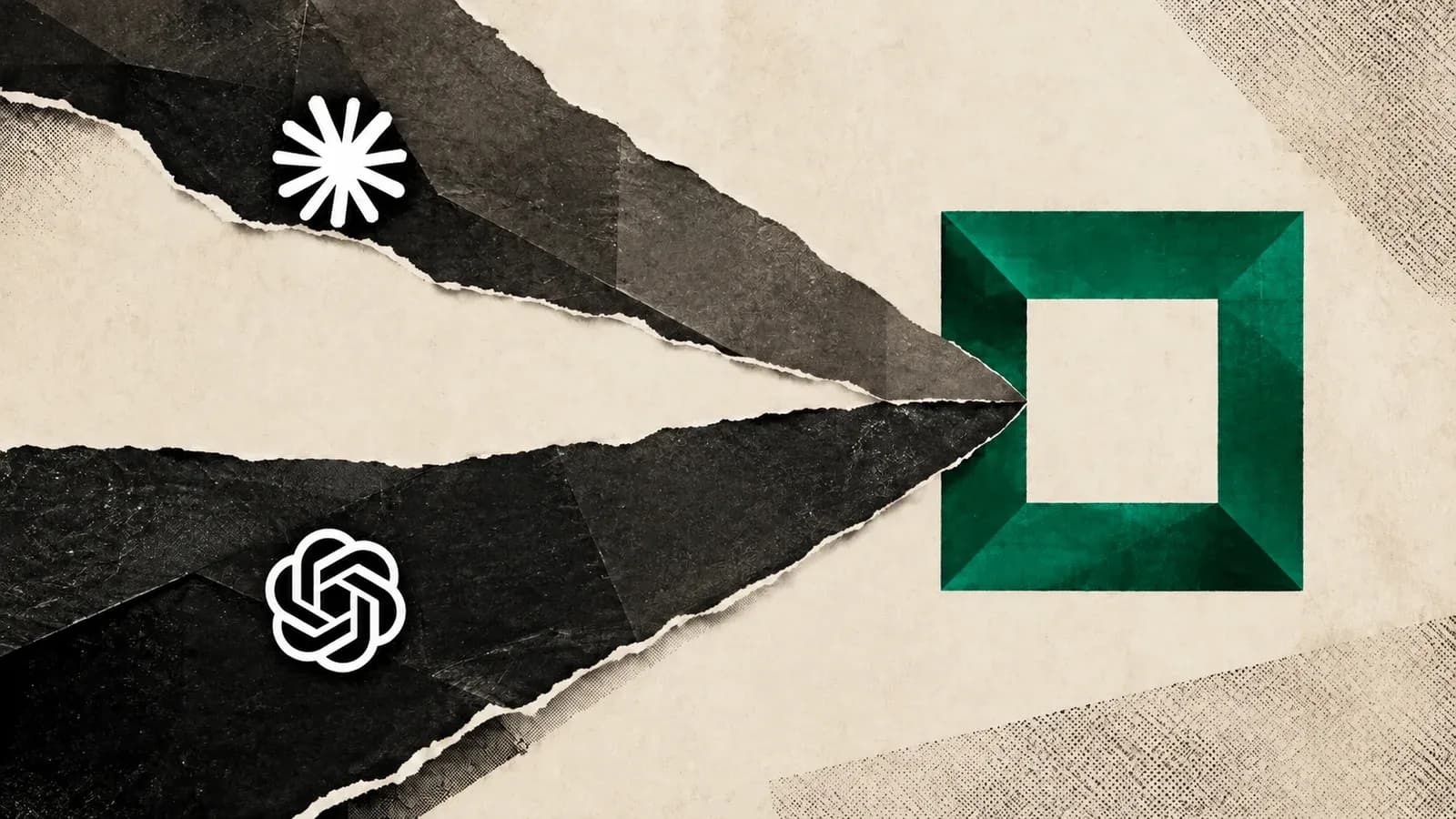 Two paper paths bearing Claude and OpenAI logos converge on a green frame: Claude Code versus Codex.