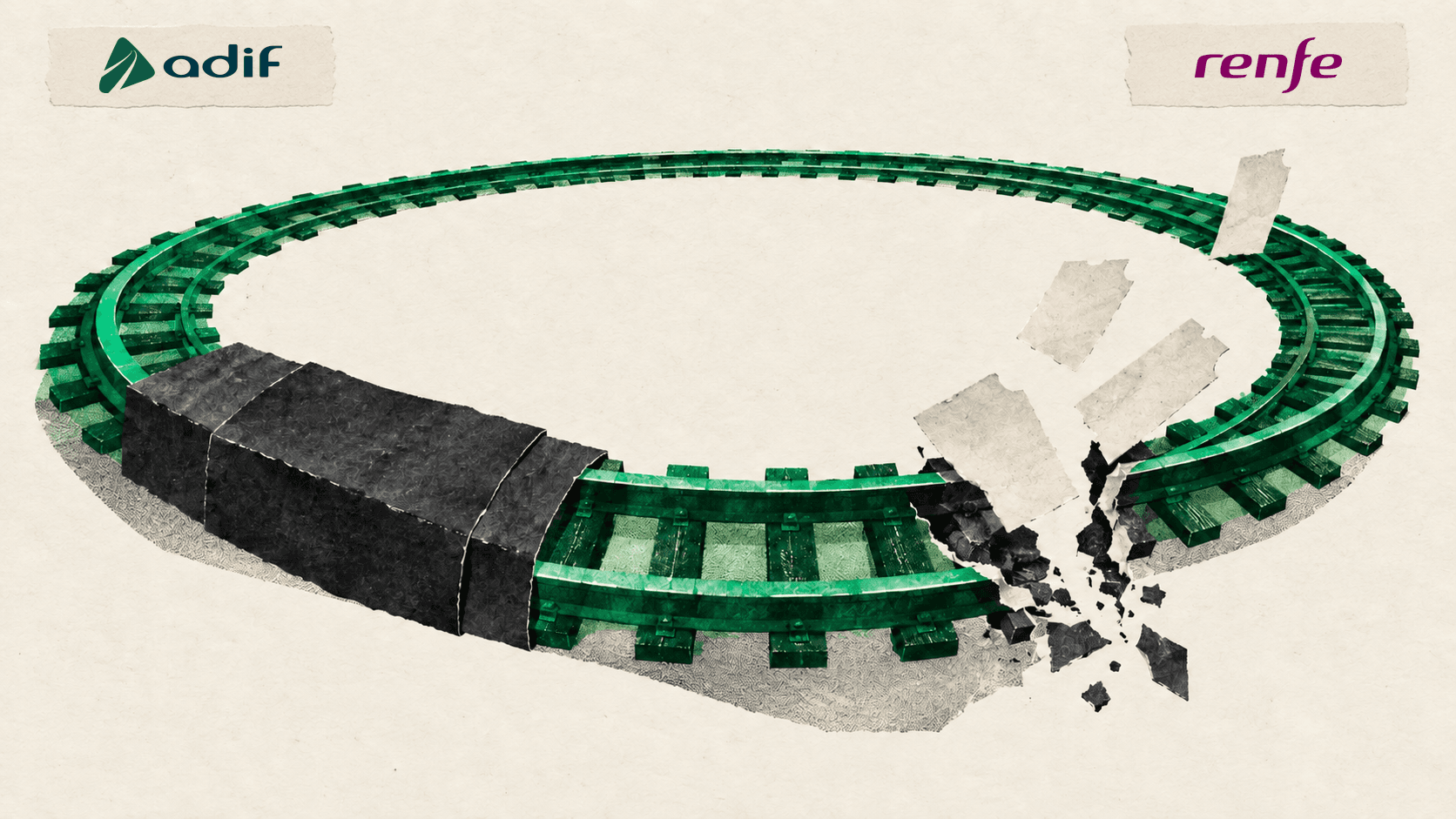 Collage of a green railway loop with a protected section, a breach and the official Adif and Renfe logos on cream paper.