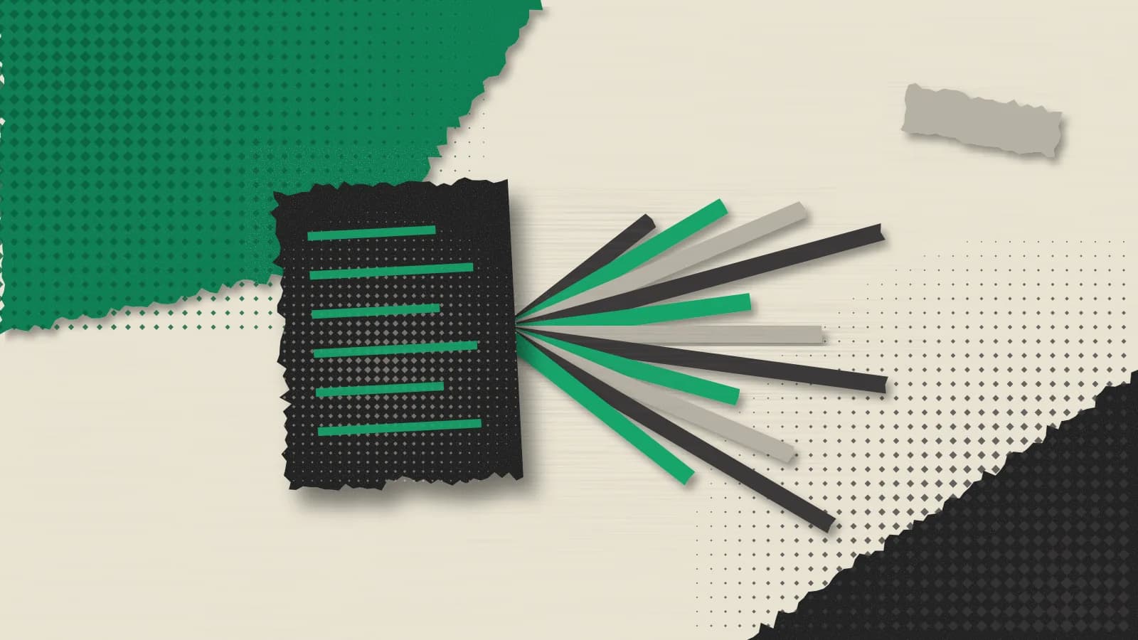 Emerald, charcoal and cream paper collage: a thick torn charcoal paper block in the centre fanning out many thin paper strips of different lengths in emerald, grey and charcoal. Diamond halftone and torn edges.