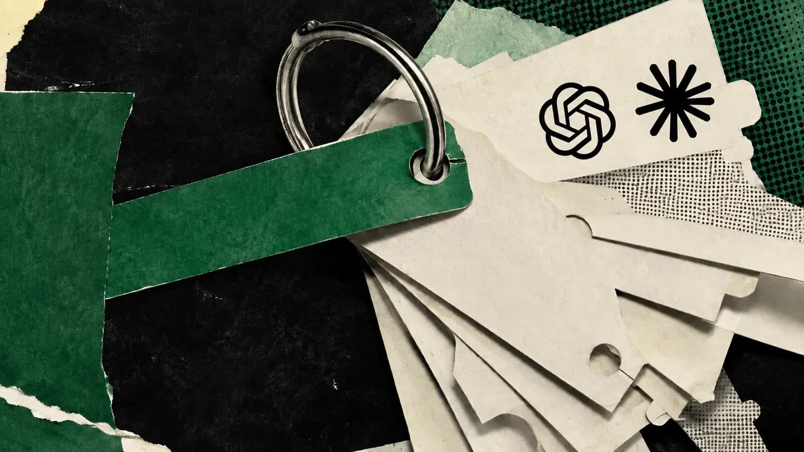 Cards held by a binder ring with OpenAI and Claude logos illustrating Marketing Skills.