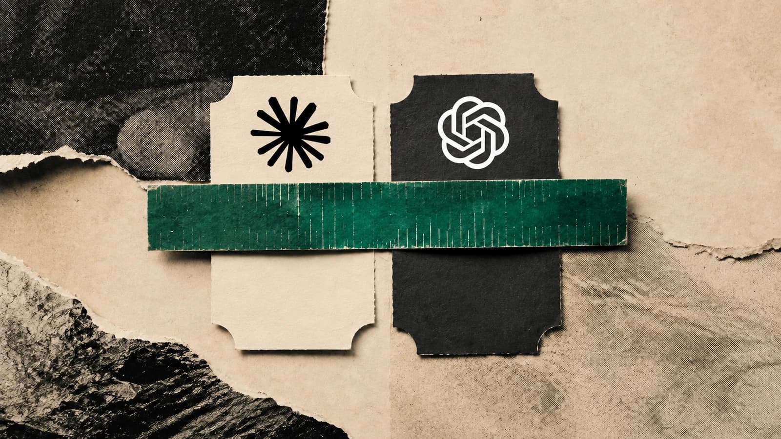 Two paper tickets bearing Claude and OpenAI logos beneath a green ruler: Claude Pro versus ChatGPT Plus.