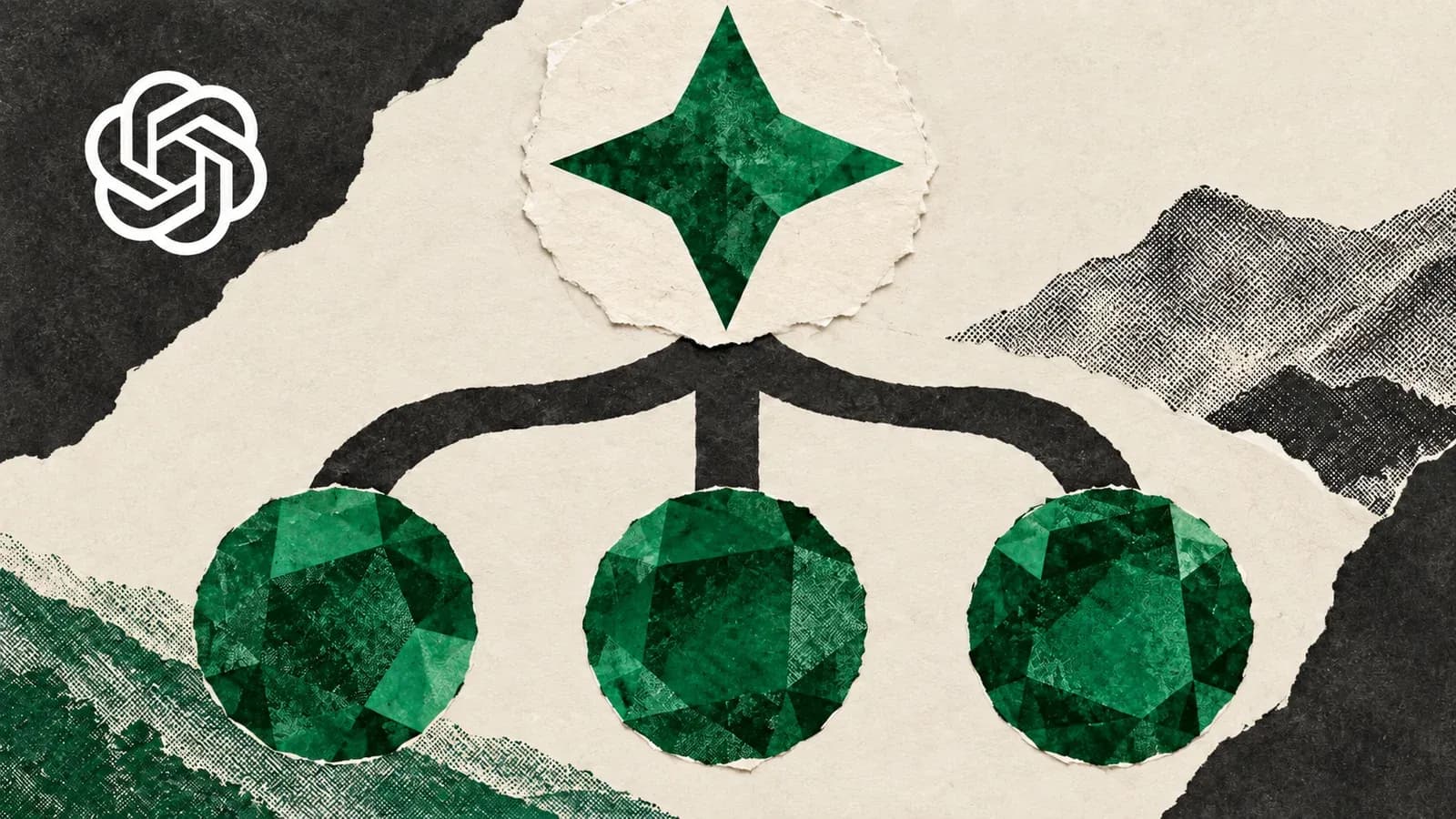 Green paper star and discs in an editorial collage with the white OpenAI logo on charcoal.