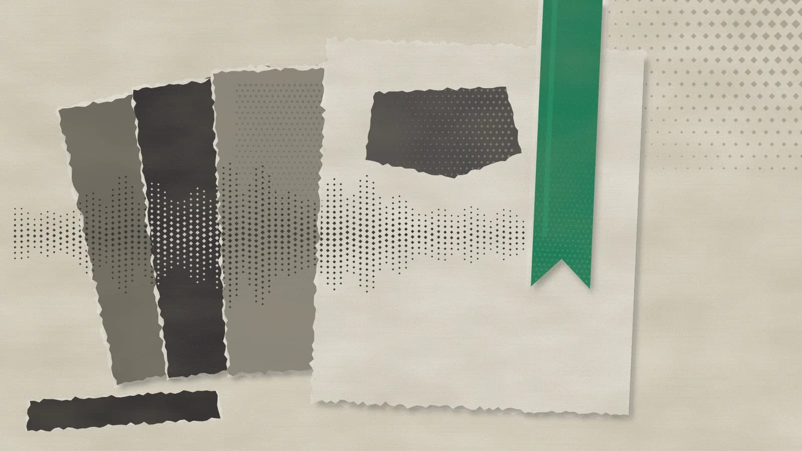 Collage de papel crema, carbón y esmeralda: tres hojas rasgadas en abanico a la izquierda quedan atravesadas por una onda de sonido impresa en trama de puntos que llega hasta una hoja clara en primer plano, donde una cinta marcapáginas esmeralda señala un punto concreto.