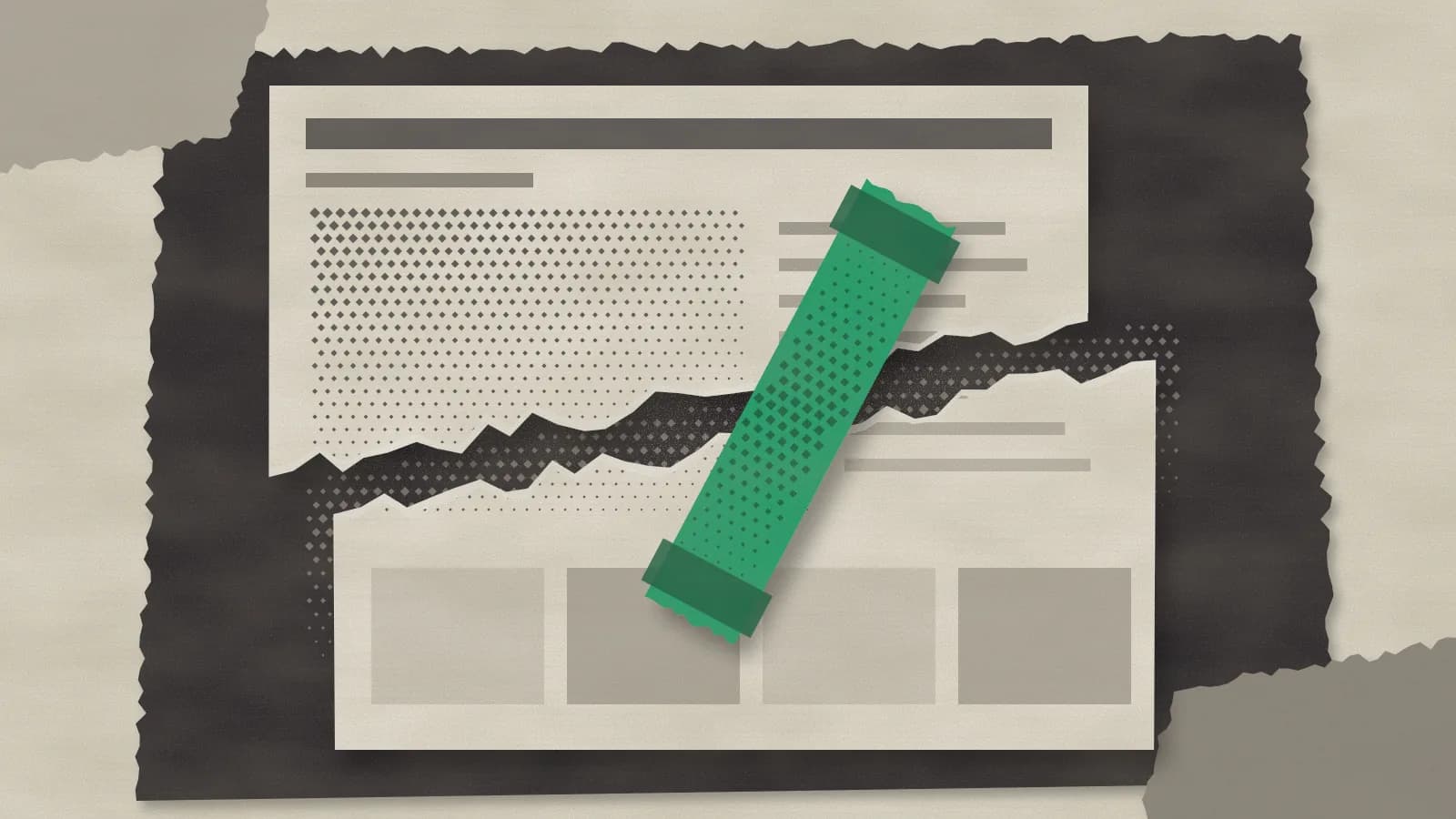 Cream, charcoal and emerald paper collage: a cream paper web page torn in two over a dark paper board, its halves pulled apart and diamond halftone spilling through the gap; a scissor-cut emerald paper strip, held by two pieces of tape, joins the two halves.