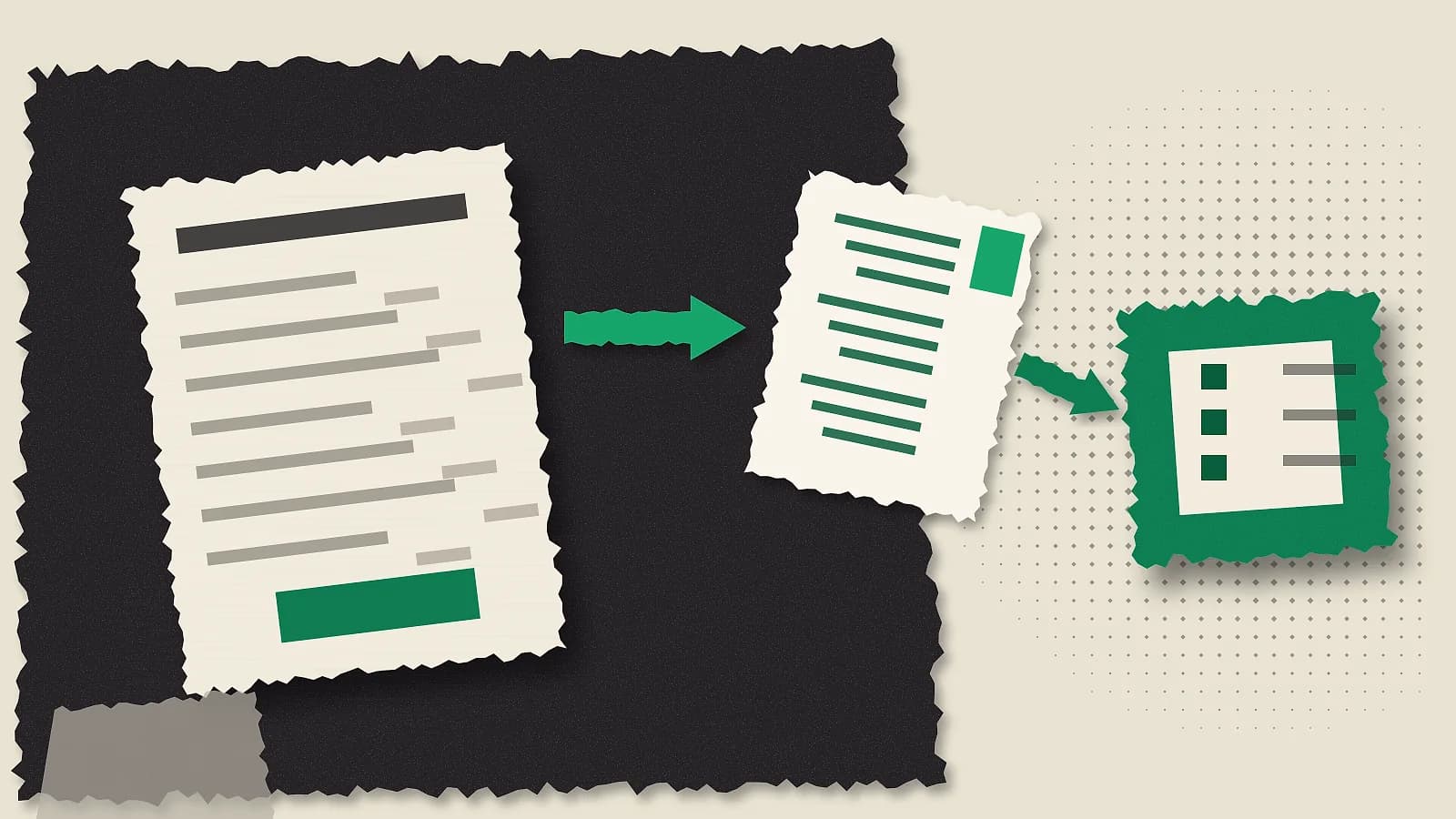 Collage de papel crema, carbón y esmeralda: a la izquierda, una factura de papel crema con líneas y un bloque verde; una flecha esmeralda lleva a una copia UBL más pequeña con barras de datos; otra flecha apunta a un nodo esmeralda (solución pública) con tres puertos. Tablero carbón, trama de rombos y bordes rasgados.