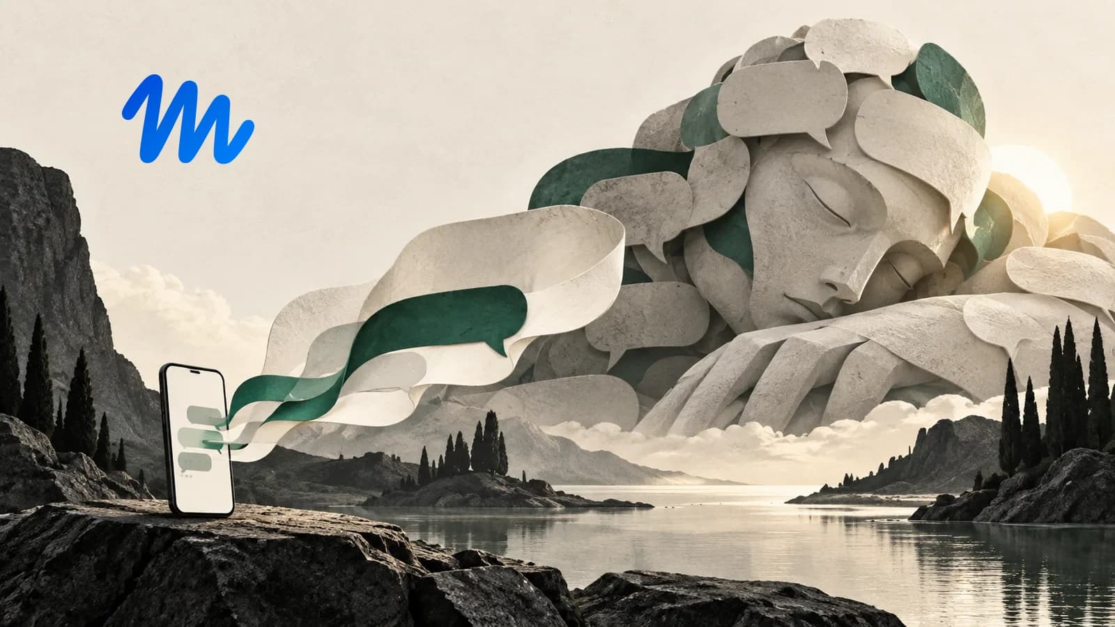 Logo azul oficial de Muse sobre un paisaje con un teléfono y una figura dormida formada por bocadillos de diálogo.