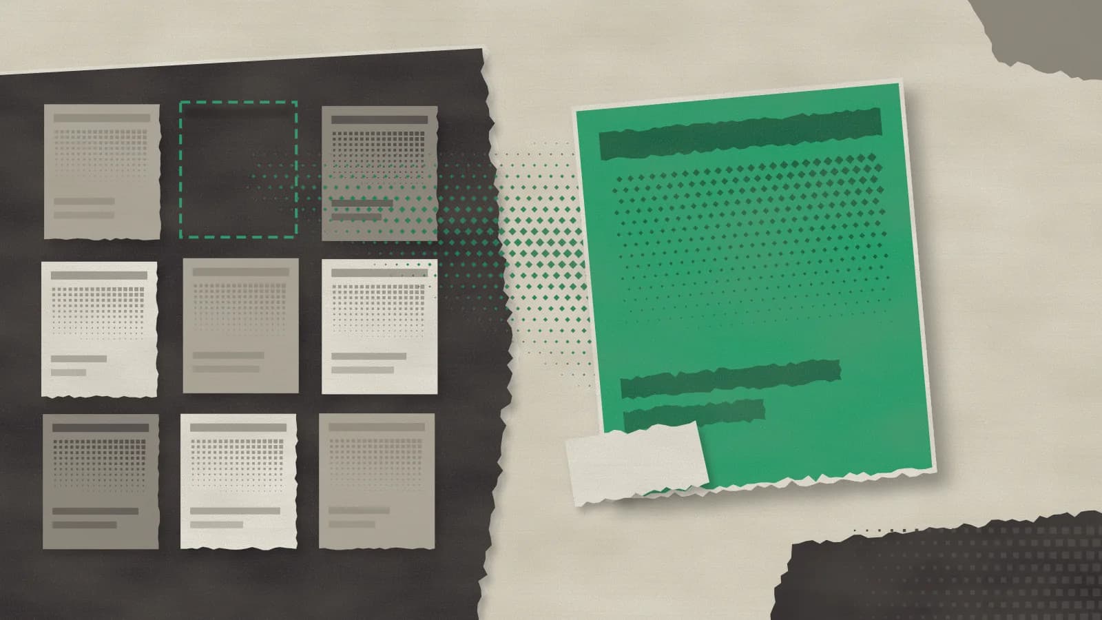 Collage de papel crema, carbón y esmeralda: sobre un tablero de papel oscuro rasgado hay una cuadrícula de páginas de papel gris y crema; falta una, marcada con un recorte discontinuo, y una estela de trama de rombos lleva hasta esa misma página ampliada en papel esmeralda a la derecha.