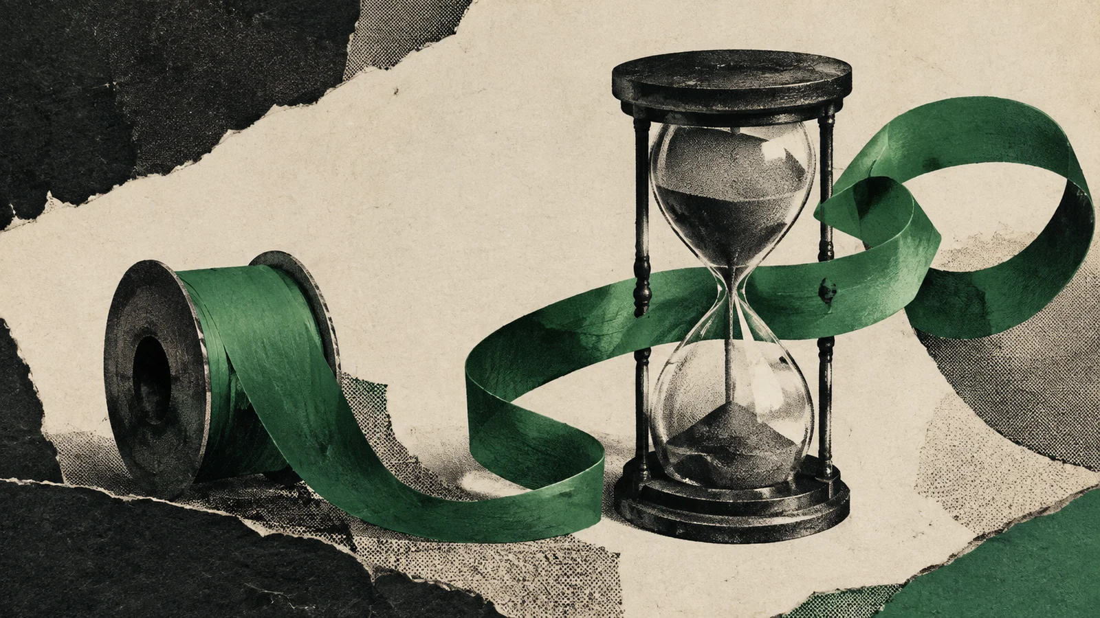 Bobina esmeralda y reloj de arena representan consumo y tiempo de revisión.