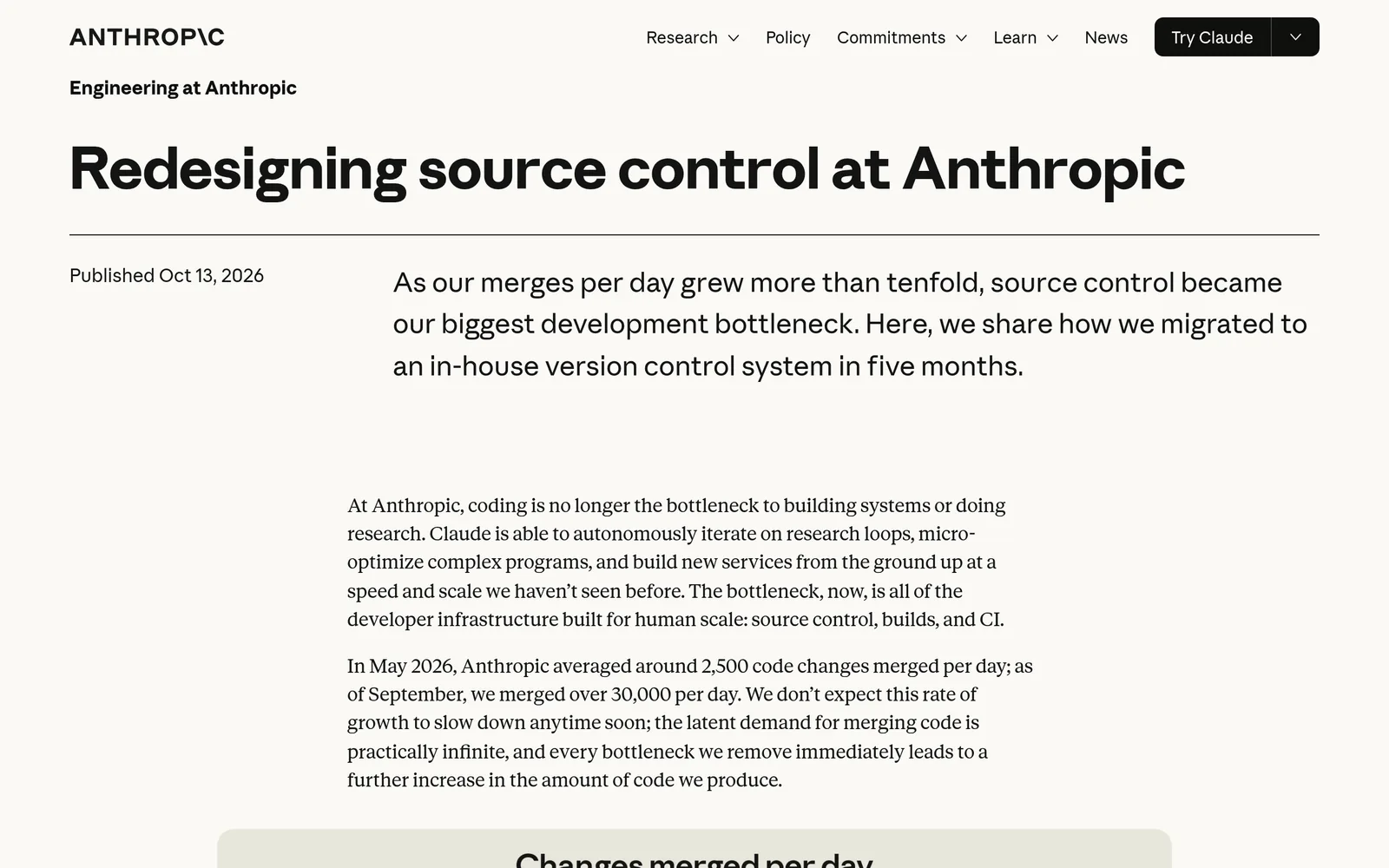 Screenshot of the post "Redesigning source control at Anthropic" on Anthropic's engineering blog, published October 13, 2026, with the standfirst about migrating to an in-house version control system in five months.