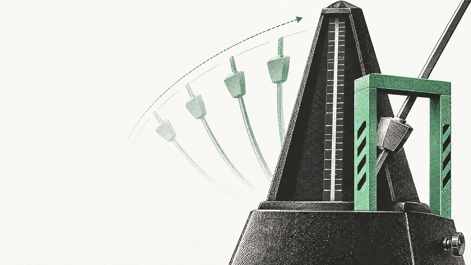 Metrónomo editorial de dos tintas: un punto de control verde mide el ritmo de la IA.