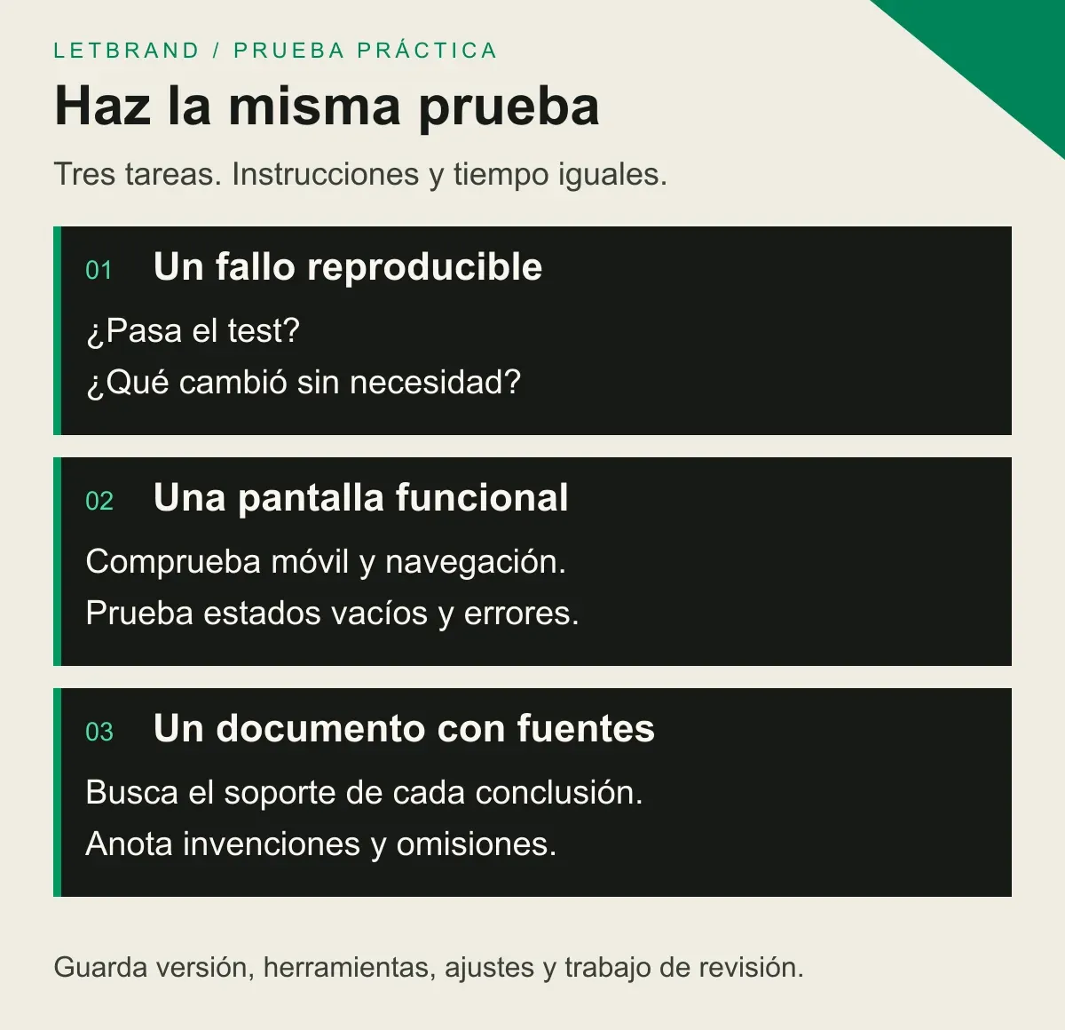 Prueba los modelos con un fallo reproducible, una pantalla funcional y un documento con fuentes; registra ajustes y revisión.