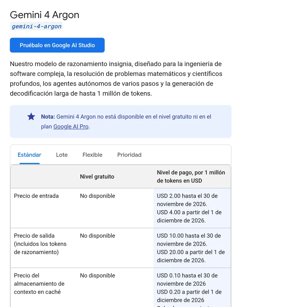 Captura de la página oficial de precios de la API de Gemini, sección Gemini 4 Argon, pestaña Estándar: entrada 2 USD por millón de tokens hasta el 30 de noviembre de 2026 y 4 USD desde el 1 de diciembre; salida, razonamiento incluido, 10 USD y 20 USD; caché 0,10 y 0,20 USD; no disponible en el nivel gratuito.