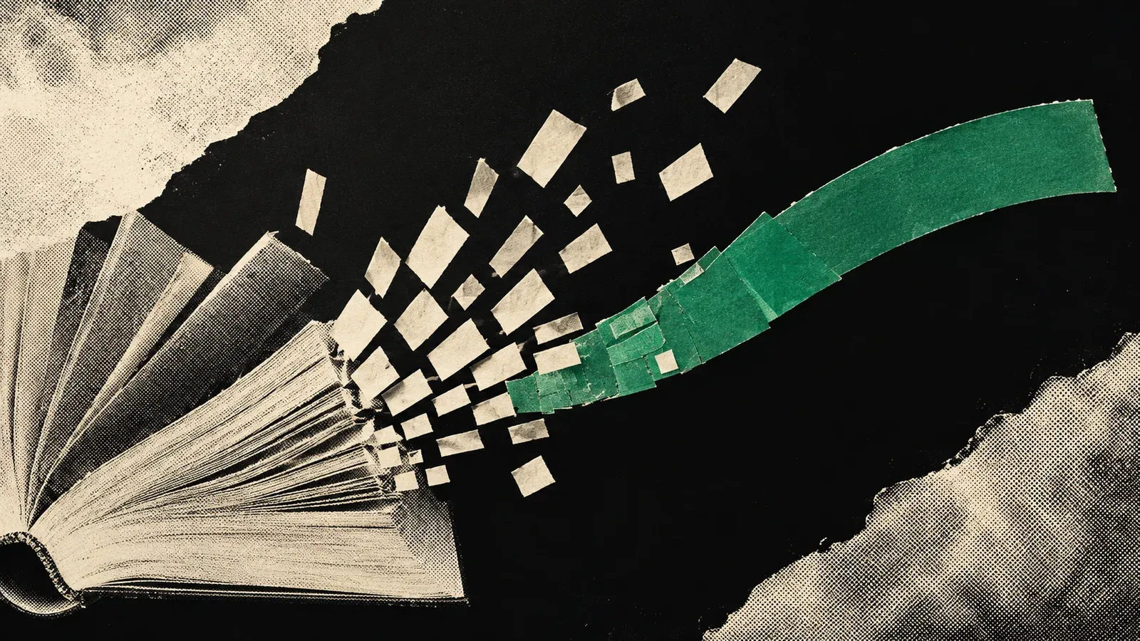 Libro de papel que se fragmenta y forma una tira verde, como metáfora del procesamiento del lenguaje.