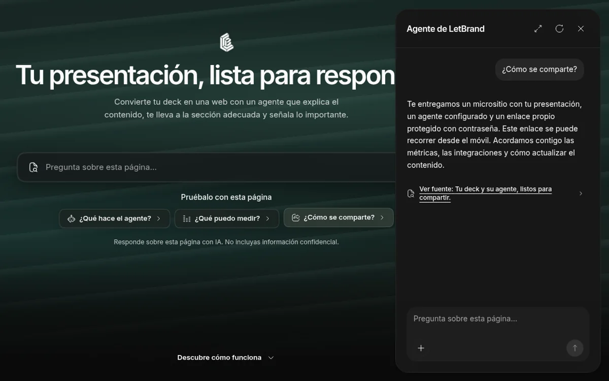 Captura de la página de LetBrand «Tu presentación, lista para responder.» en escritorio. Bajo el titular hay un campo «Pregunta sobre esta página...» y tres botones de ejemplo: «¿Qué hace el agente?», «¿Qué puedo medir?» y «¿Cómo se comparte?». A la derecha está abierto el panel «Agente de LetBrand»: ante la pregunta «¿Cómo se comparte?», responde que se entrega un micrositio con la presentación, un agente configurado y un enlace propio protegido con contraseña que se puede recorrer desde el móvil, y añade el enlace «Ver fuente: Tu deck y su agente, listos para compartir».