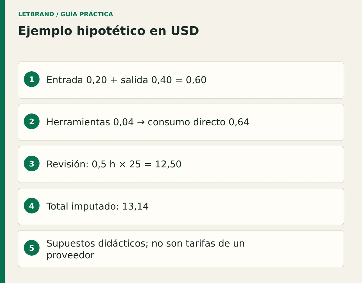 Ejemplo hipotético en USD; Entrada 0,20 + salida 0,40 = 0,60; Herramientas 0,04 → consumo directo 0,64; Revisión: 0,5 h × 25 = 12,50; Total imputado: 13,14; Supuestos didácticos; no son tarifas de un proveedor