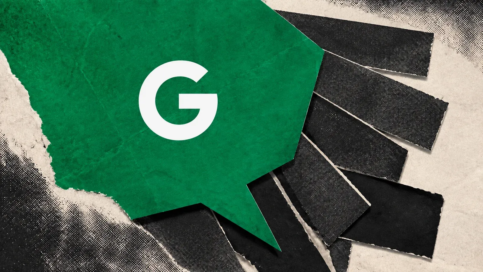 Bocadillo verde sobre tarjetas de resultados con el logo de Google, en un collage sobre AI Overviews.