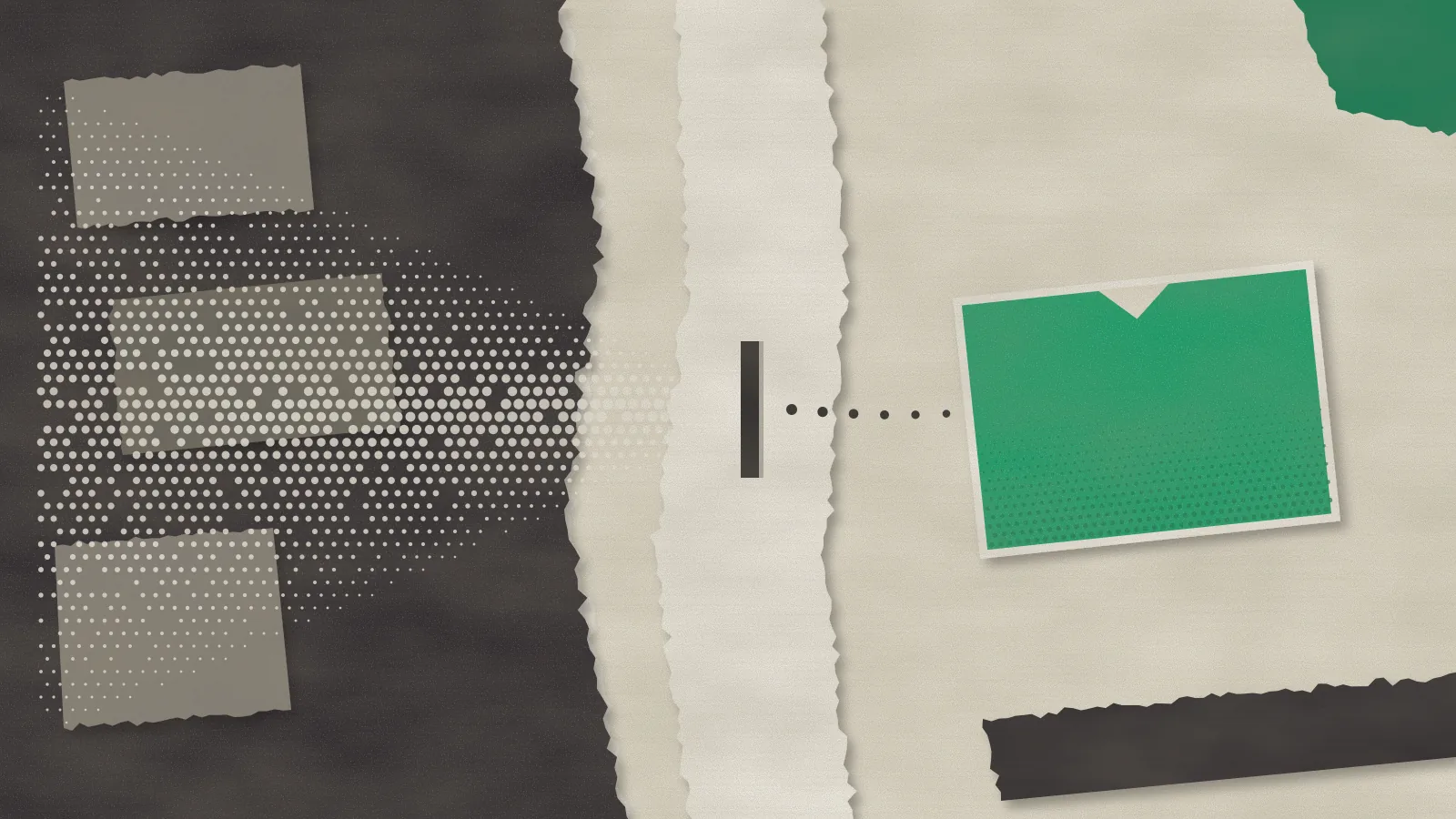 Collage de papel carbón, crema y esmeralda: una nube densa de puntos en trama sobre una hoja oscura con recortes grises atraviesa una rendija estrecha en una tira de papel crema; al otro lado solo siguen unos pocos puntos, que llegan a una tarjeta esmeralda recortada.