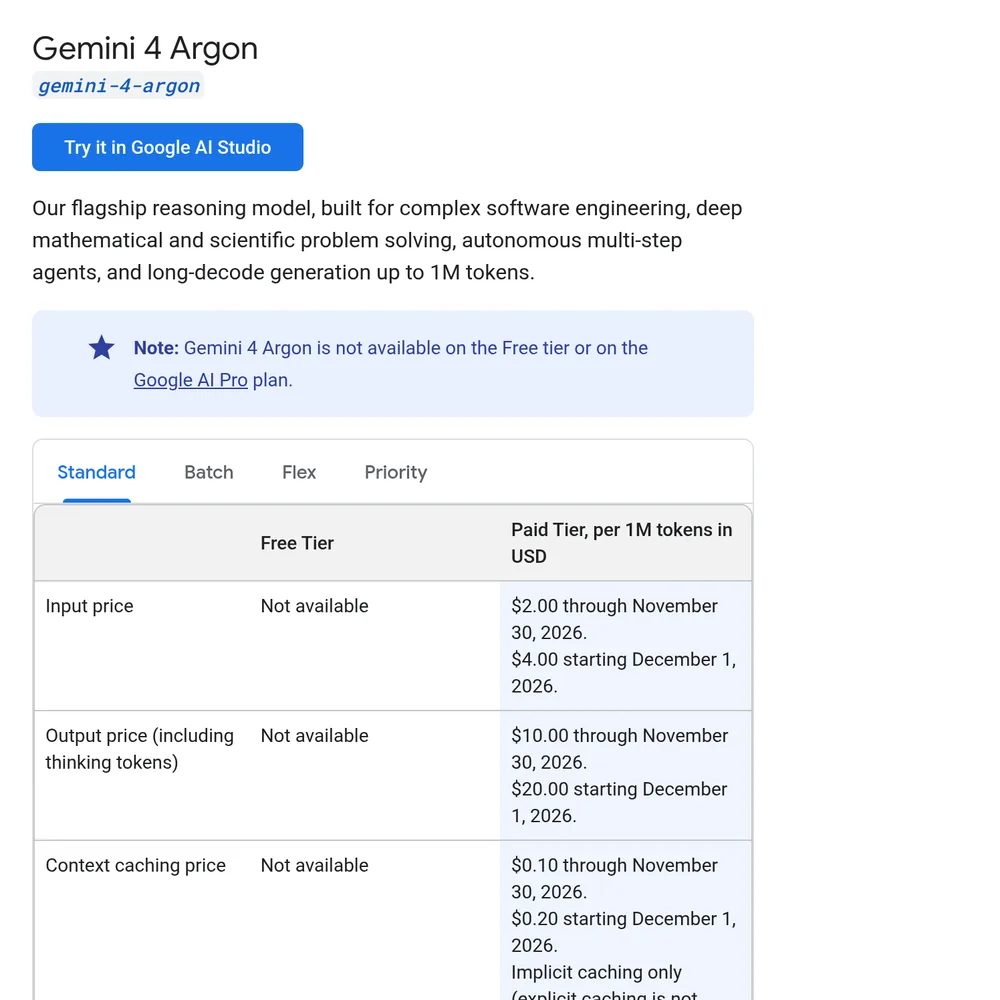 Screenshot of the official Gemini API pricing page, Gemini 4 Argon section, Standard tab: input $2 per million tokens through November 30, 2026 and $4 from December 1; output including thinking $10 and $20; caching $0.10 and $0.20; not available on the free tier.