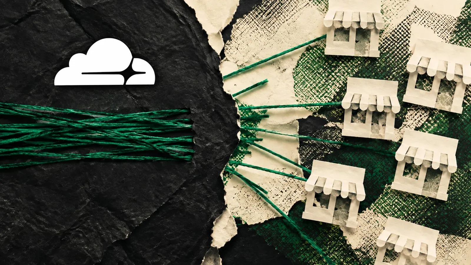 Hilos verdes interrumpidos ante pequeños comercios de papel, con el logo de Cloudflare.