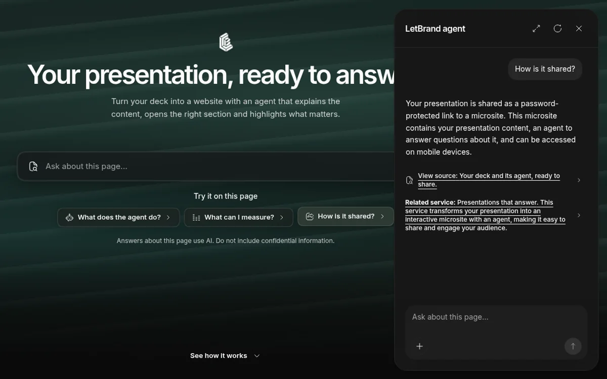 Screenshot of the LetBrand page "Your presentation, ready to answer." on desktop. Below the headline there is an "Ask about this page..." field and three sample buttons: "What does the agent do?", "What can I measure?" and "How is it shared?". On the right the "LetBrand agent" panel is open: asked "How is it shared?", it replies that the presentation is shared as a password-protected link to a microsite that contains the presentation, an agent that answers questions about it and can be opened on mobile, and adds a "View source: Your deck and its agent, ready to share" link and a related-service link.