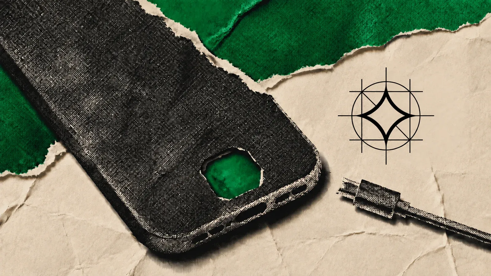 Móvil de papel y cable desconectado con el logo de Gemma, para ilustrar la IA local.