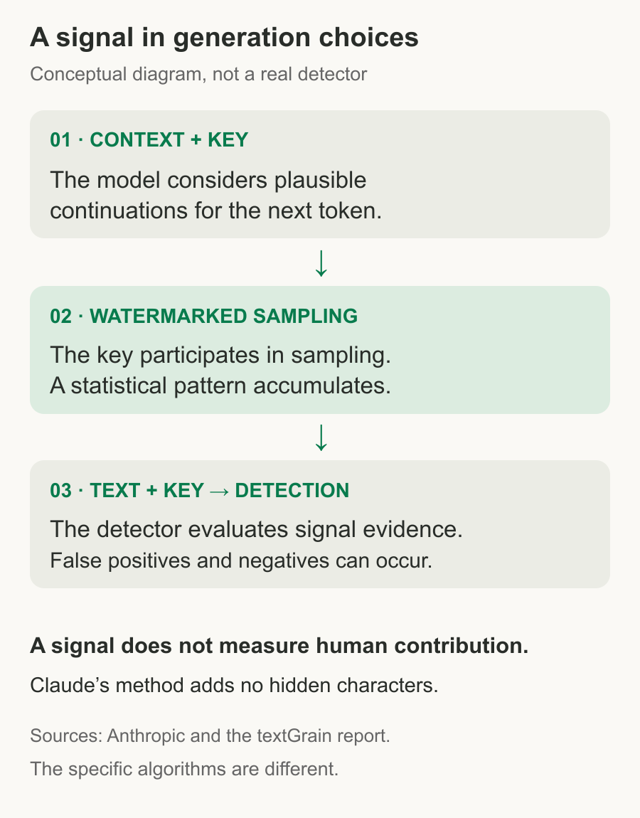 Conceptual flow: context and key, watermarked sampling, then text and key for statistical signal detection.