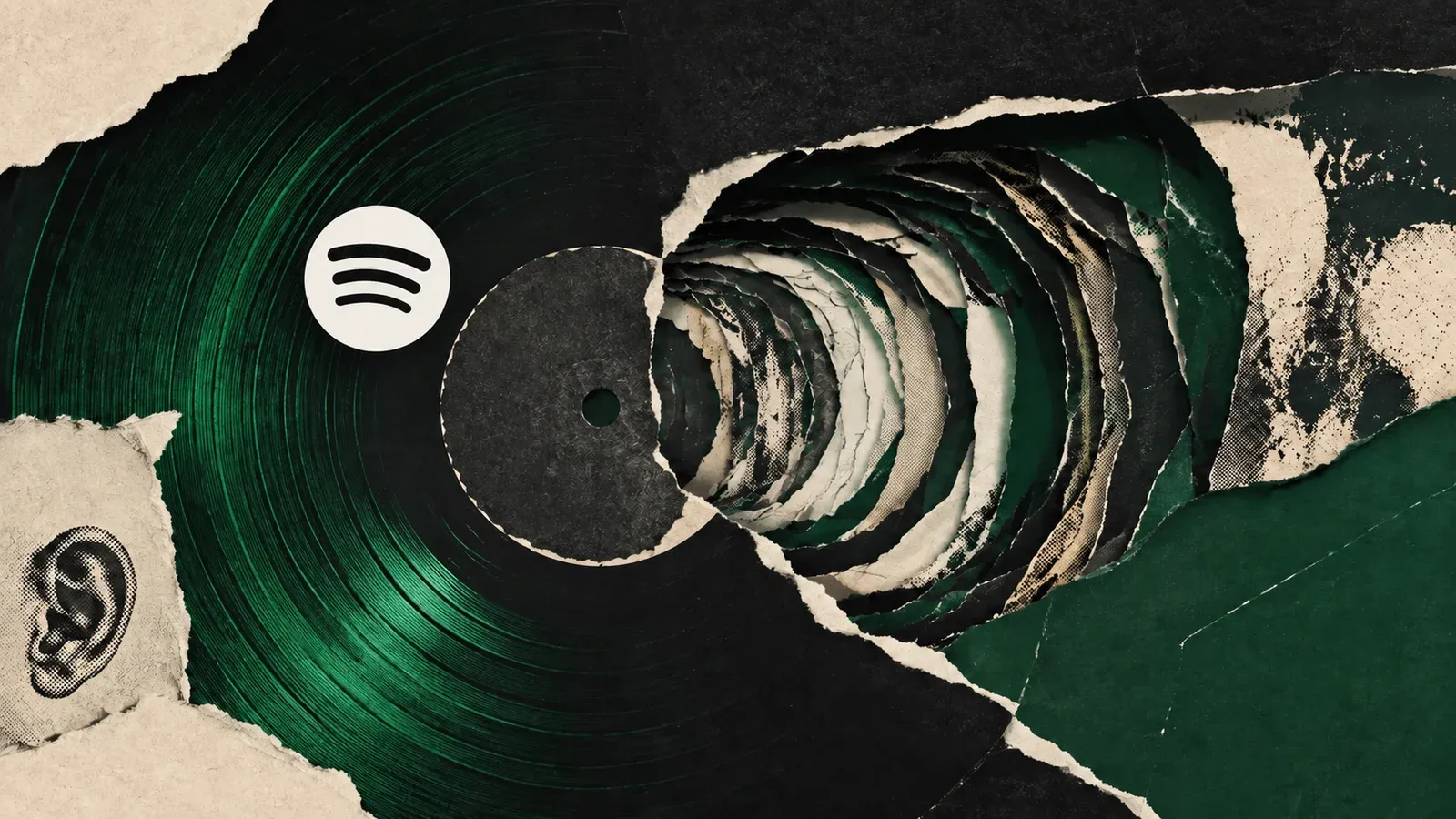 Disco de vinilo y capas de papel con el logo de Spotify.