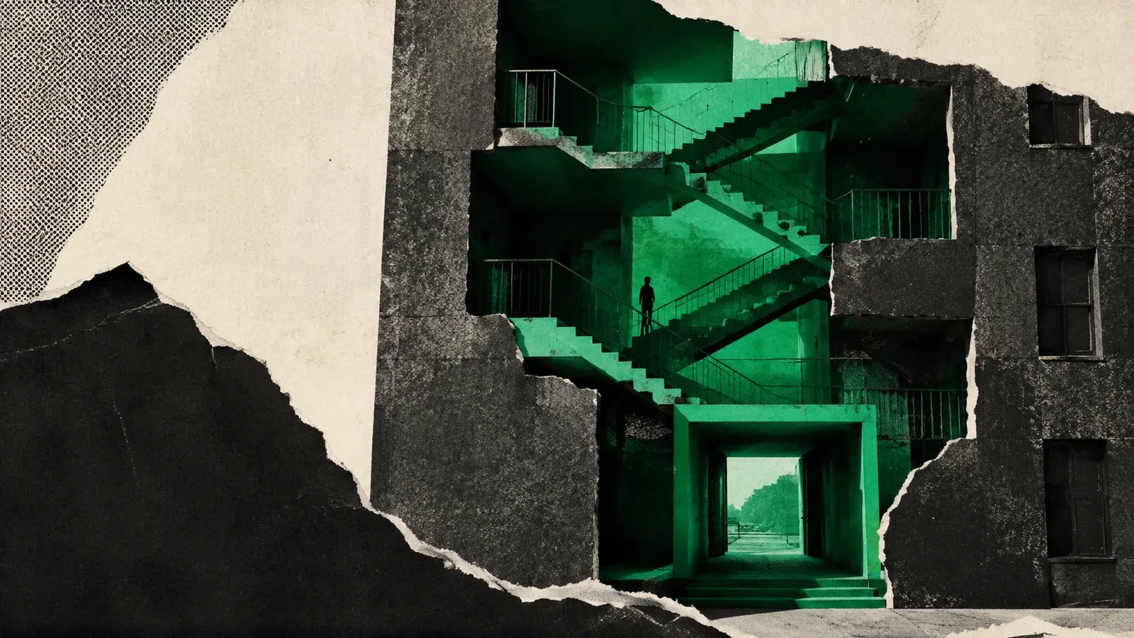 Collage de un edificio abierto con escaleras verdes, como metáfora de la estructura de una web.