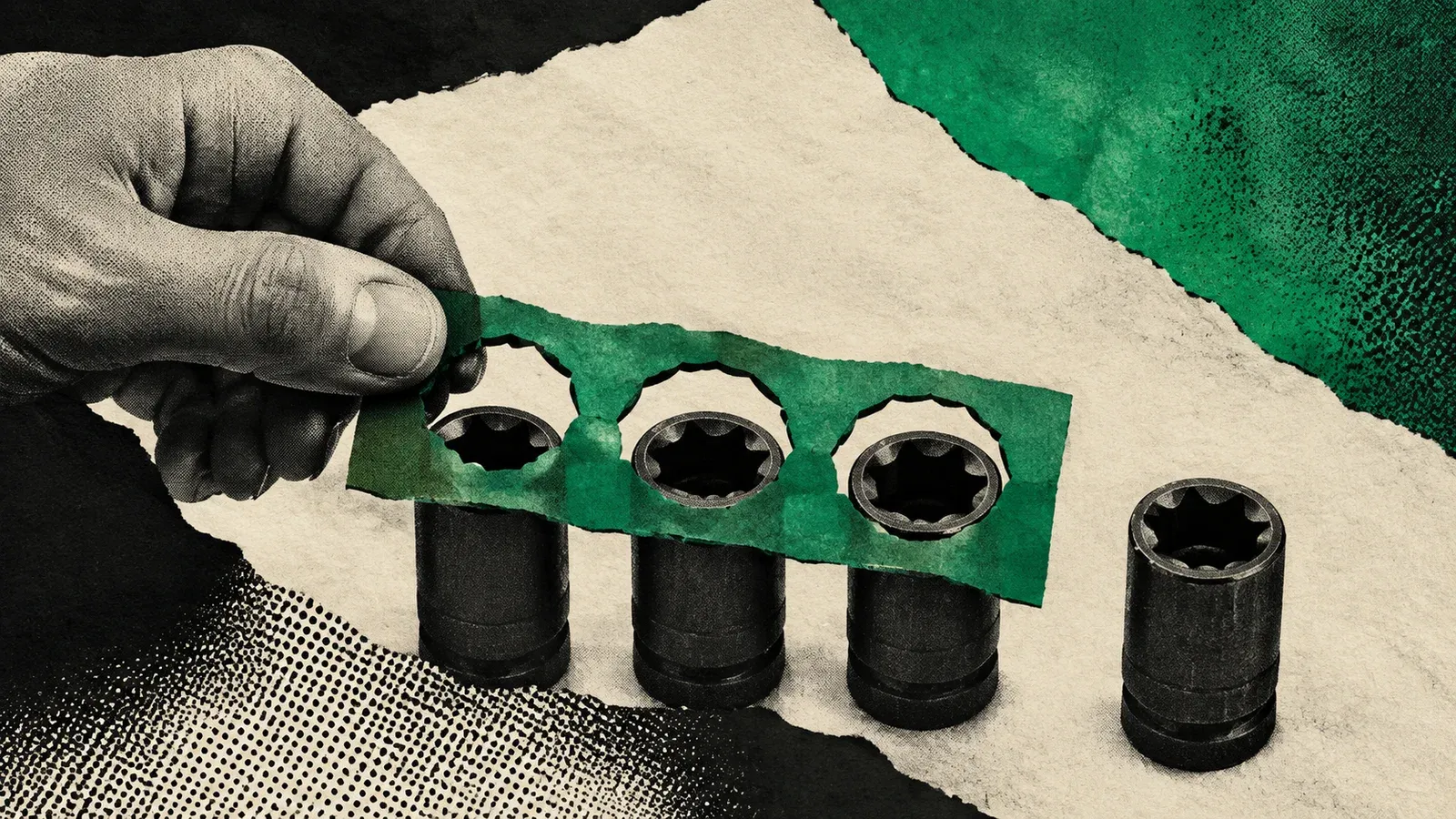 Plantilla de papel verde ante conectores diferentes, como metáfora de skills reutilizables y compatibilidad.