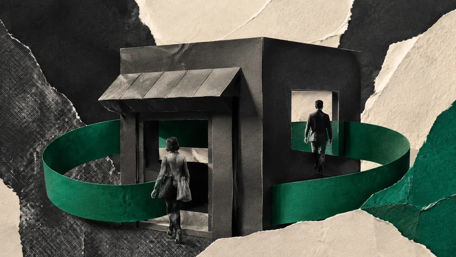 Collage de una tienda de papel y un recorrido circular verde como metáfora de un servicio por suscripción.