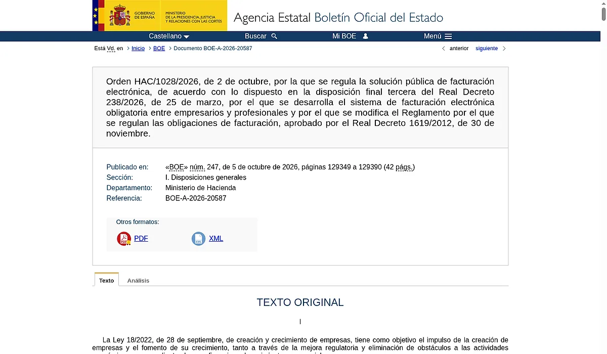 Captura real de la página del BOE con la Orden HAC/1028/2026, de 2 de octubre (BOE-A-2026-20587), tomada el 5 de octubre de 2026. Se ve el título completo, el departamento Ministerio de Hacienda, la fecha de publicación 5 de octubre de 2026 y el inicio del texto original sobre la Ley 18/2022 y la factura electrónica entre empresarios y profesionales.